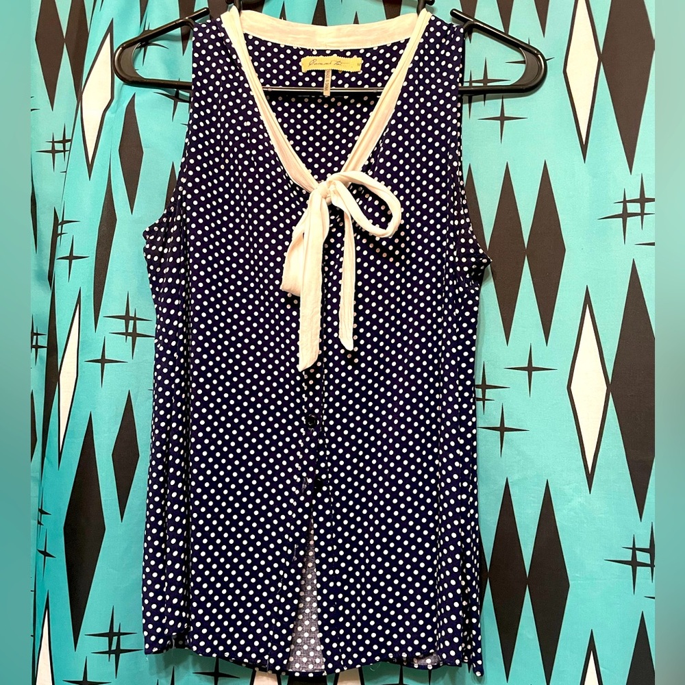 Comme Toi Navy Polka Dot Sleeveless Self Tie Bow Neck Blouse-sz med